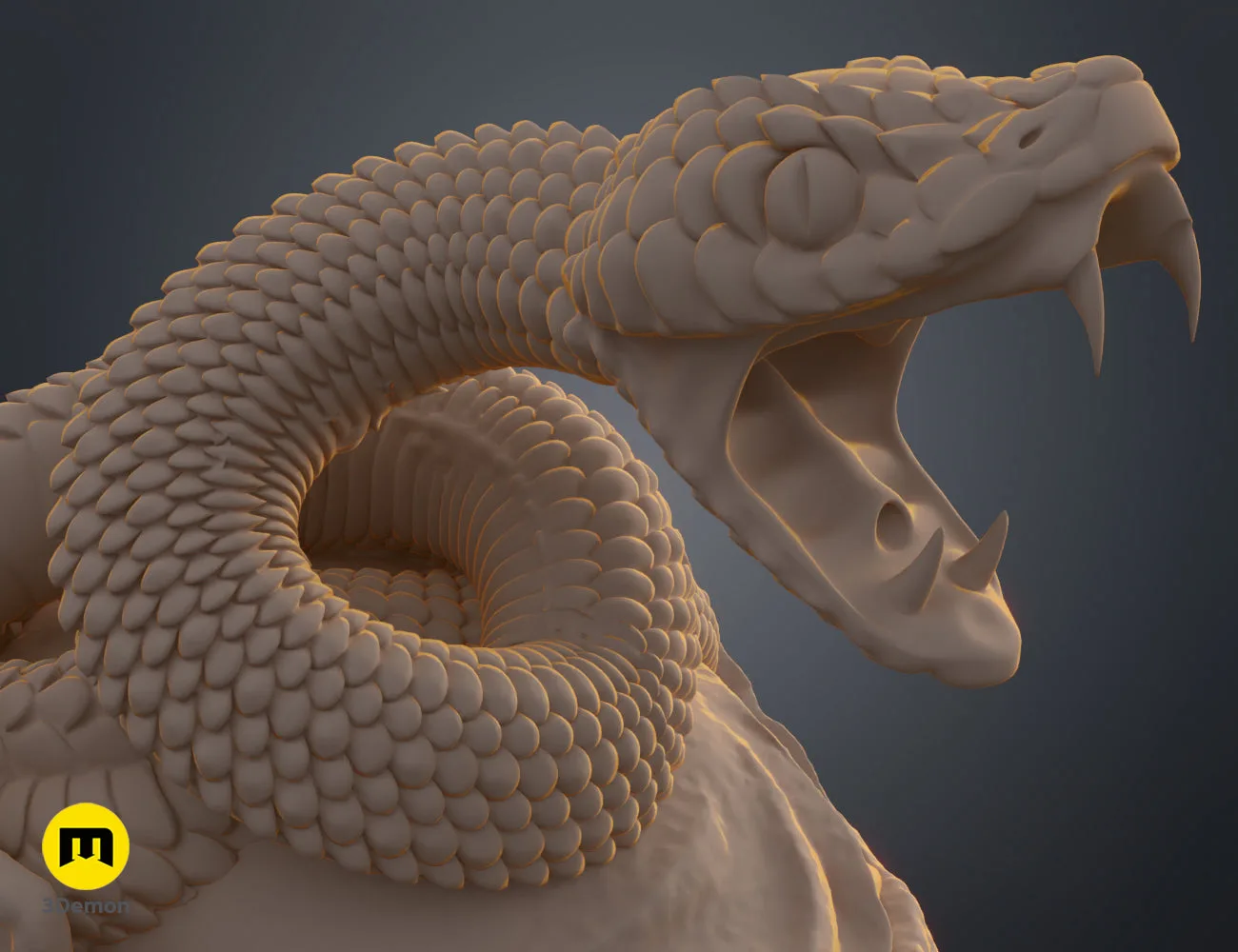 Close-up clay render of the snake detail on the Messmer helmet 3D model, showcasing intricate scale texture.