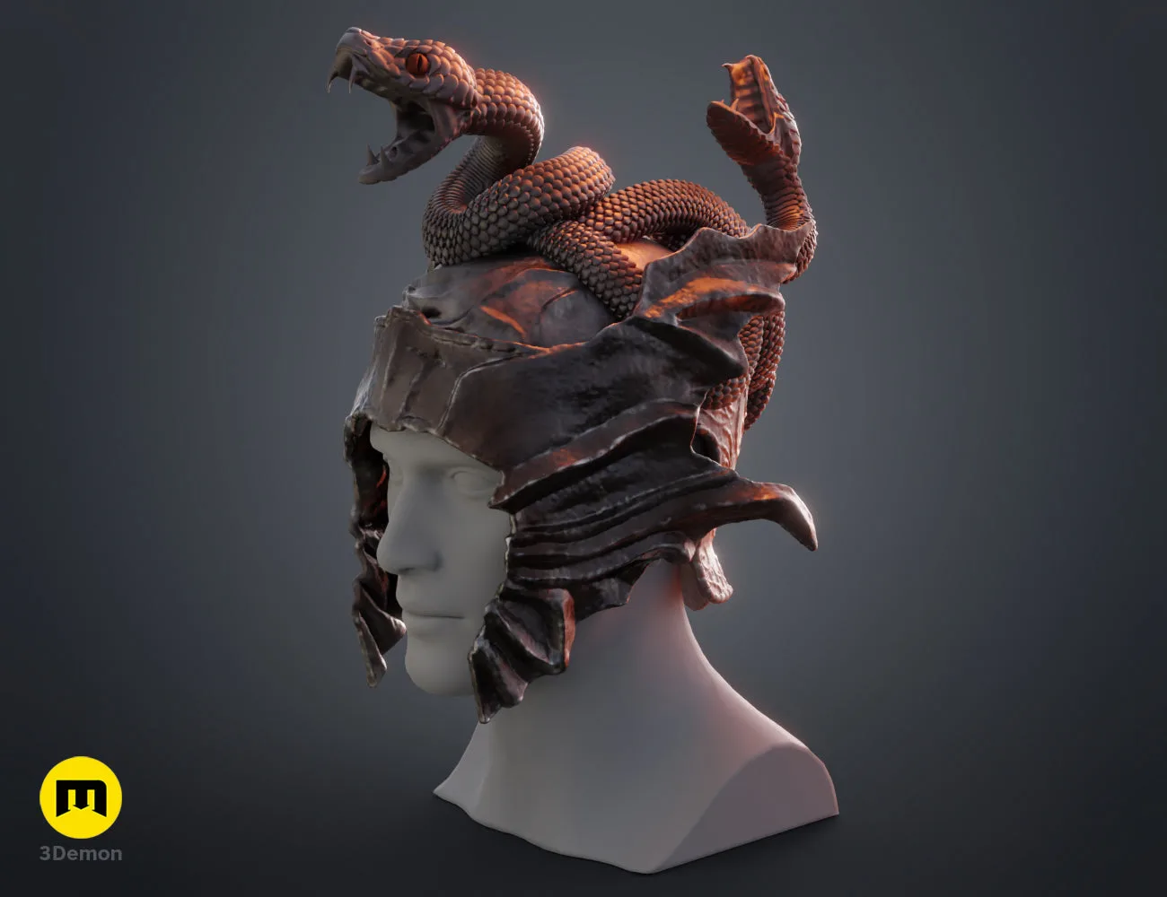Perspective colored render of the Messmer helmet 3D model on a mannequin head for STL printing.