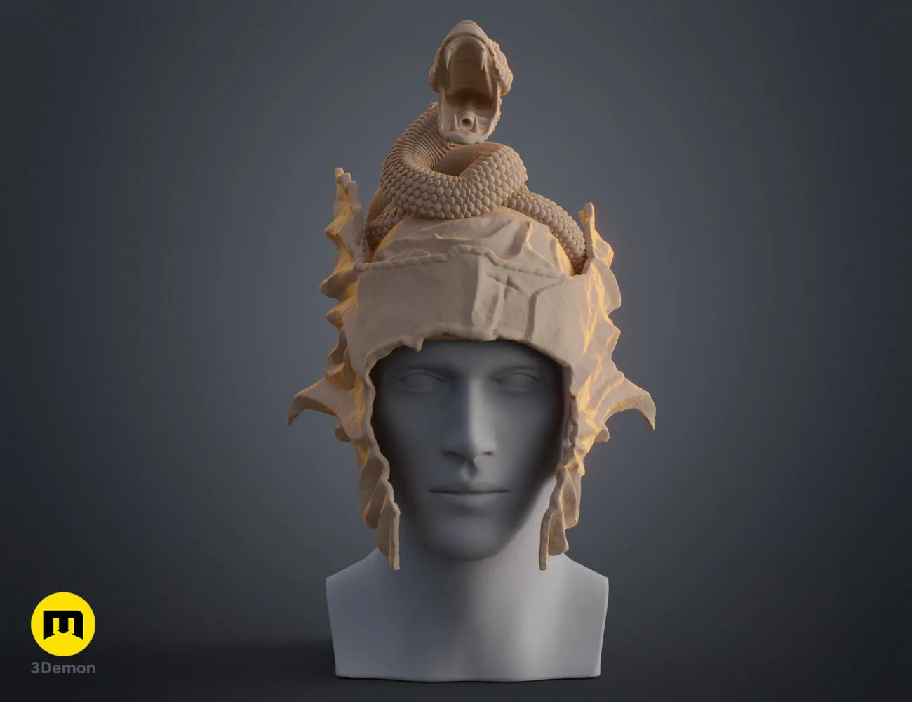 Front view clay render of the Messmer helmet 3D model on a mannequin head, showing its form and snake crown.