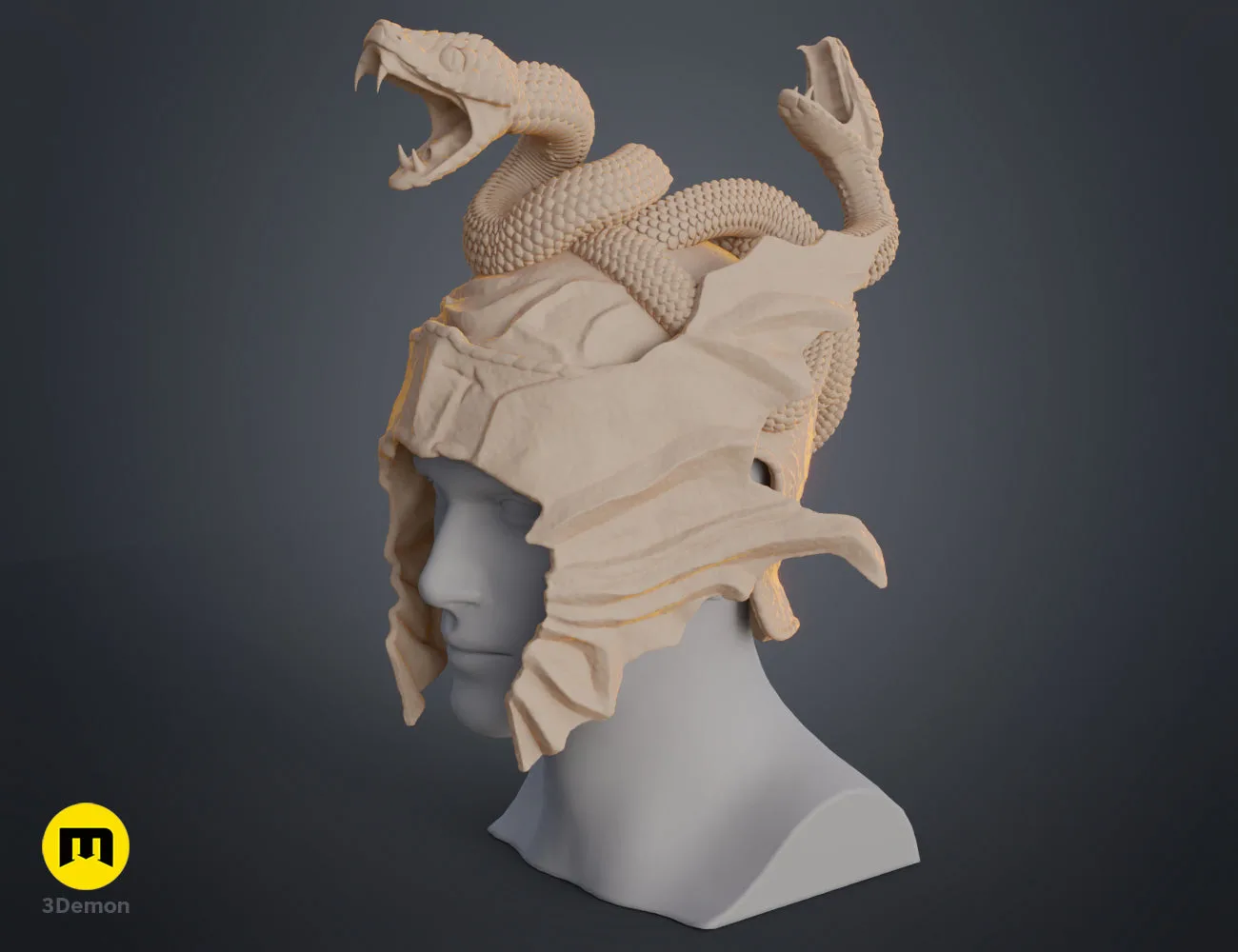 Three-quarter view clay render of the Messmer helmet 3D model, showing the wing and snake head positions.