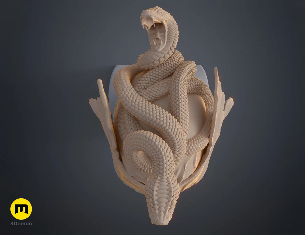 Top-down clay render of the Messmer helmet showing the arrangement of the snake body across the crown.