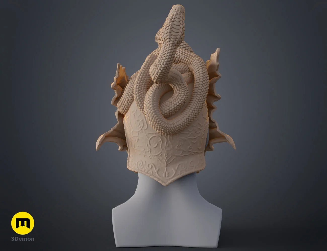 Front-facing colored render of the Messmer helmet on a mannequin, showing the snake coiled on top.