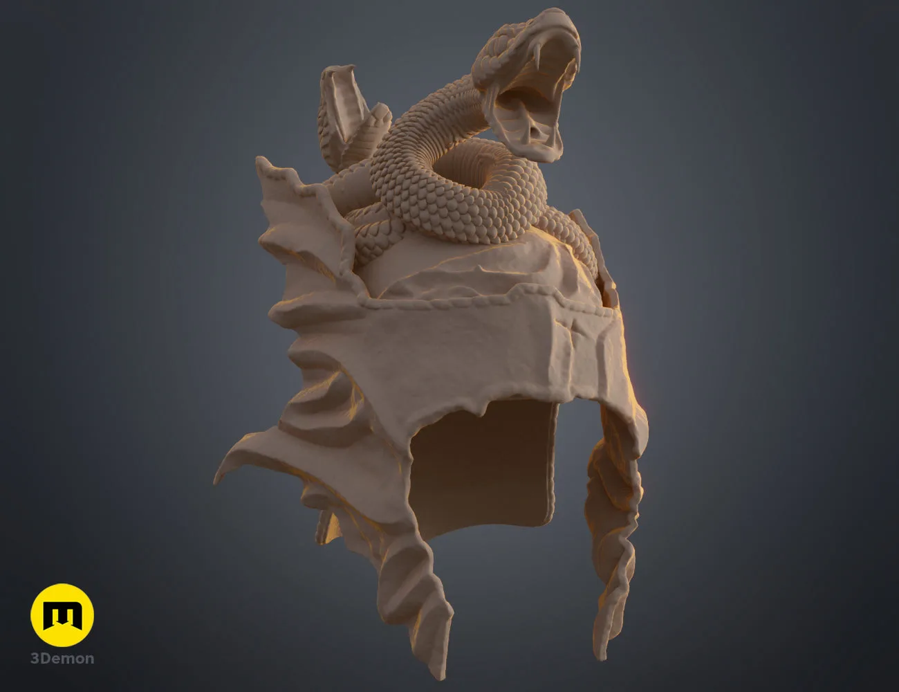 Rear view clay render of the Messmer helmet 3D model, showing the winding snakes on the crown.