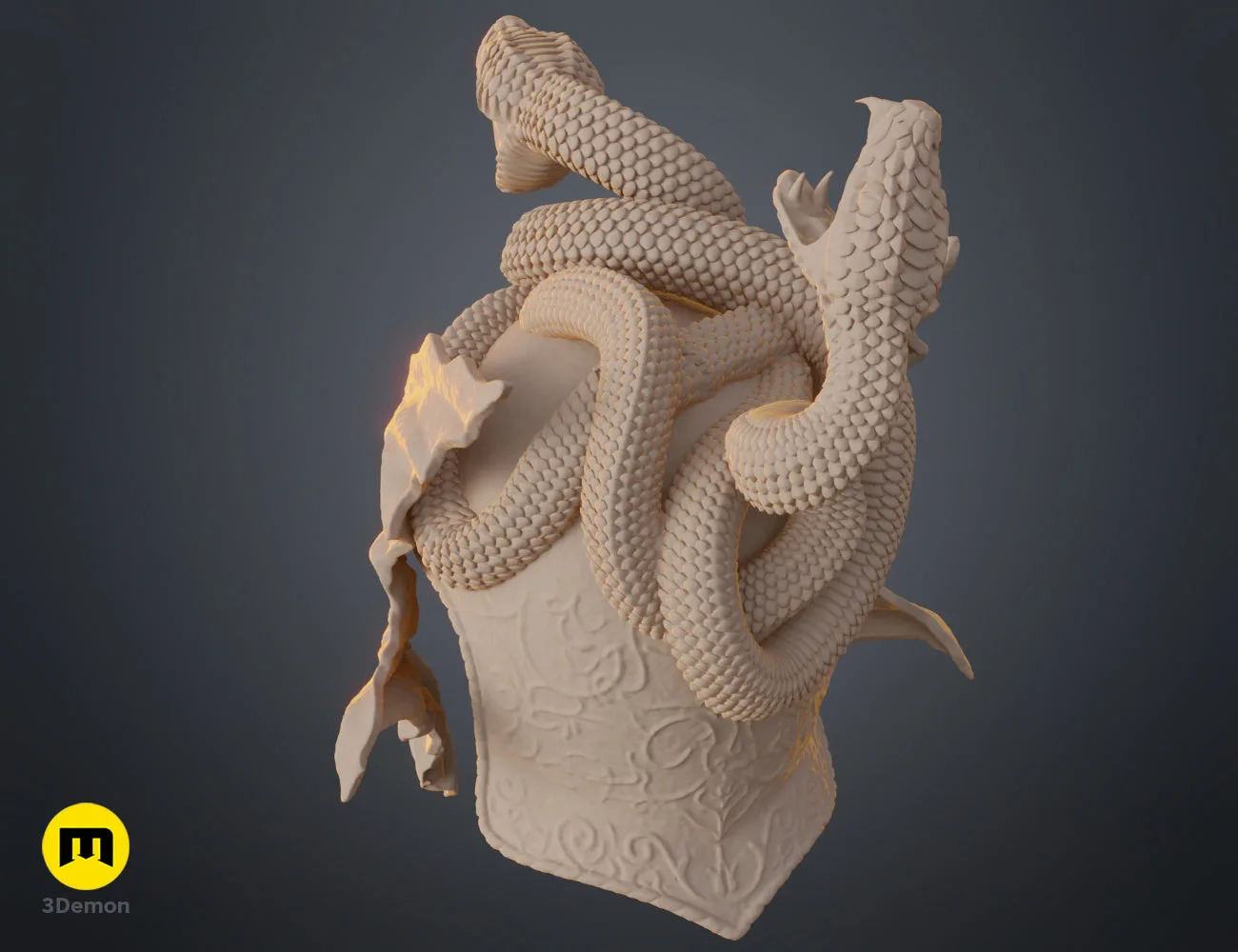 Frontal clay render of the Messmer helmet 3D model, emphasizing the detailed snake head on the crown.