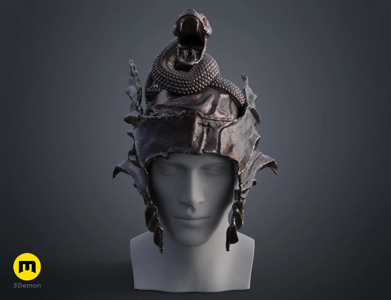Frontal colored render of the Messmer the Impaler helmet 3D model for high-quality STL printing.