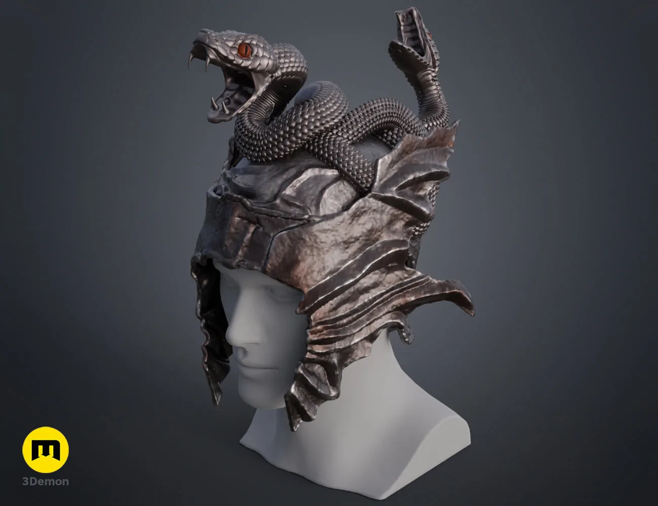 Perspective colored render of the Messmer helmet on a mannequin head, showing the open snake mouth.