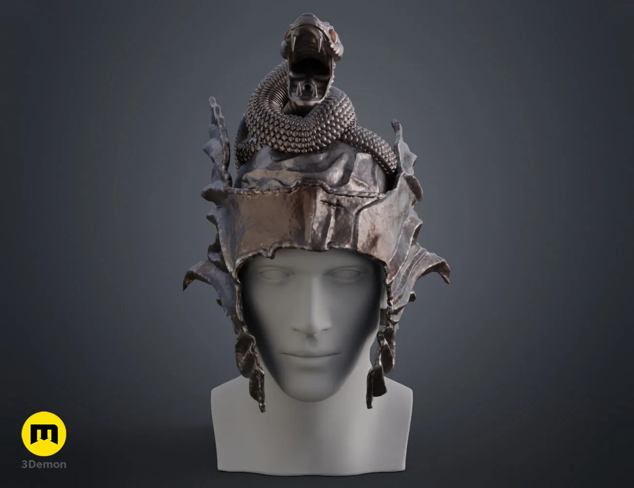 Close-up colored render of the Messmer helmet on a mannequin, showing the metallic finish and snake eye.