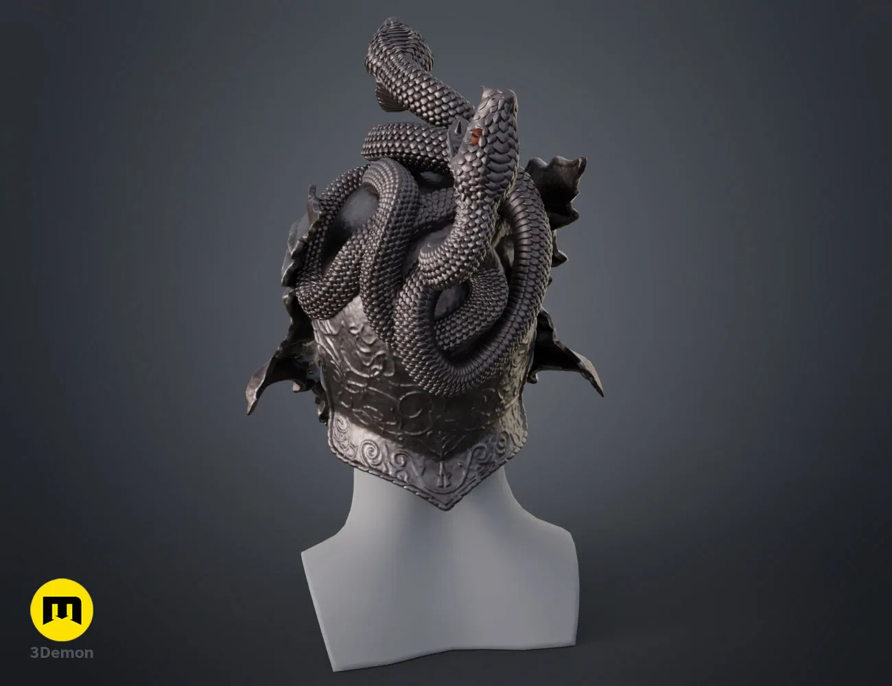 Rear-perspective colored render of the Messmer helmet on a mannequin, showing the snake body and wing.