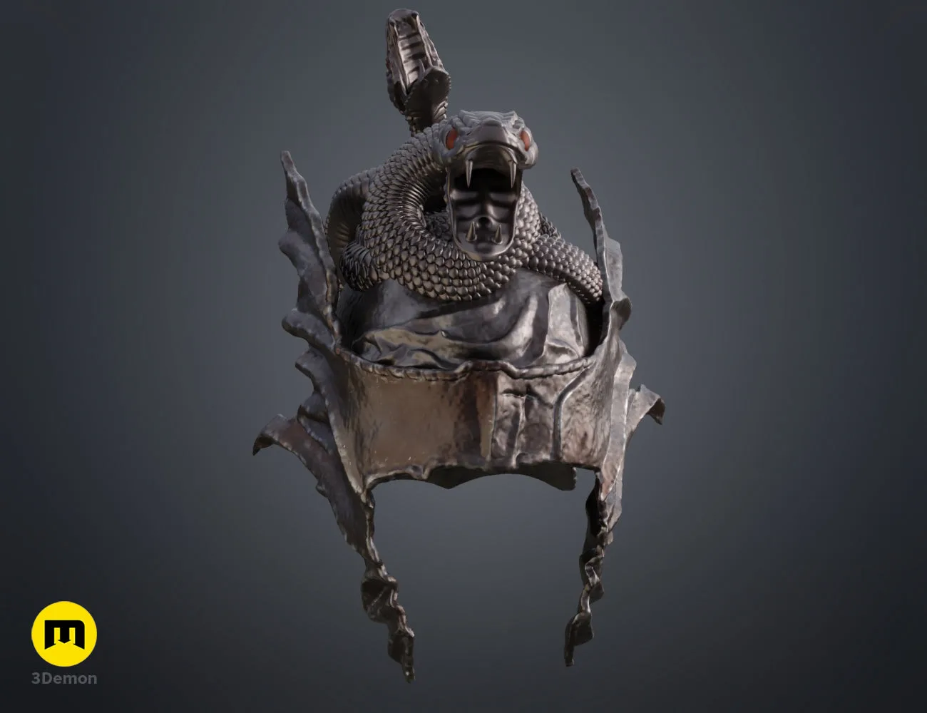 Perspective clay render of the Messmer helmet 3D model for 3D printing, with snake and wing details.