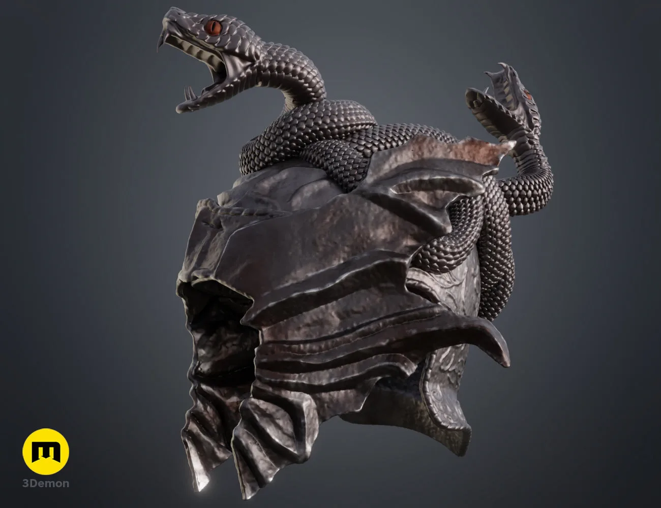 Side-perspective colored render of the Messmer helmet 3D model, highlighting the textured snake and plates.