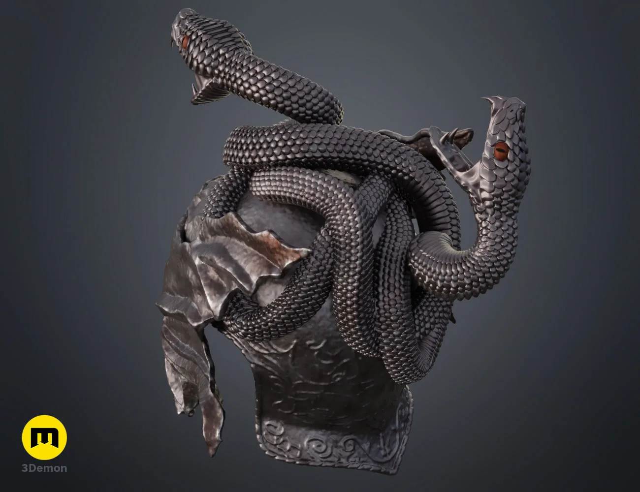 Rear view colored render of the Messmer helmet 3D model, showing the winding snake and wing structures.