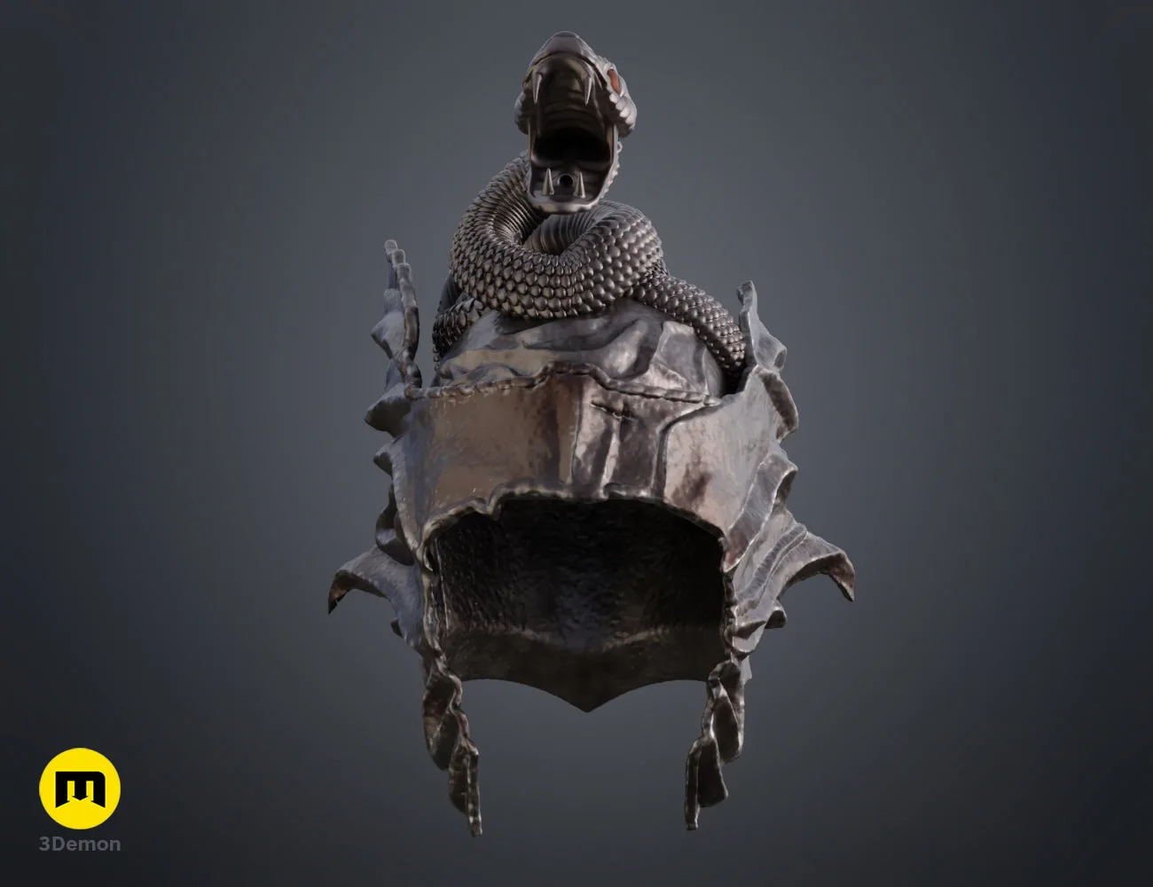Top-down colored render of the Messmer helmet 3D model, emphasizing the snake's open jaws for cosplay.