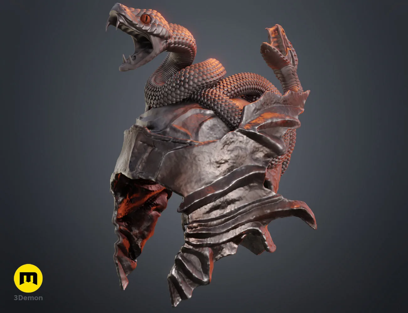 Colored render of the Messmer the Impaler helmet 3D model, showing detailed metallic texture and snakes.