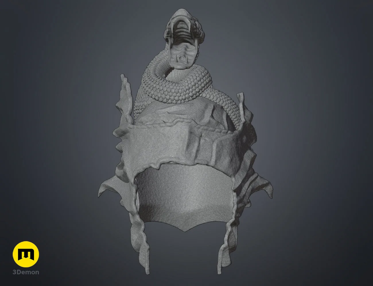 Wireframe mesh render of the Messmer helmet 3D model, showing detailed polygon structure and snakes.
