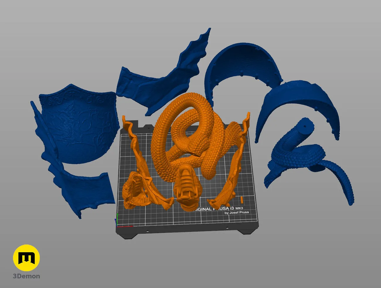 Slicer screenshot showing Messmer helmet STL parts arranged on a print bed for 3D printing.