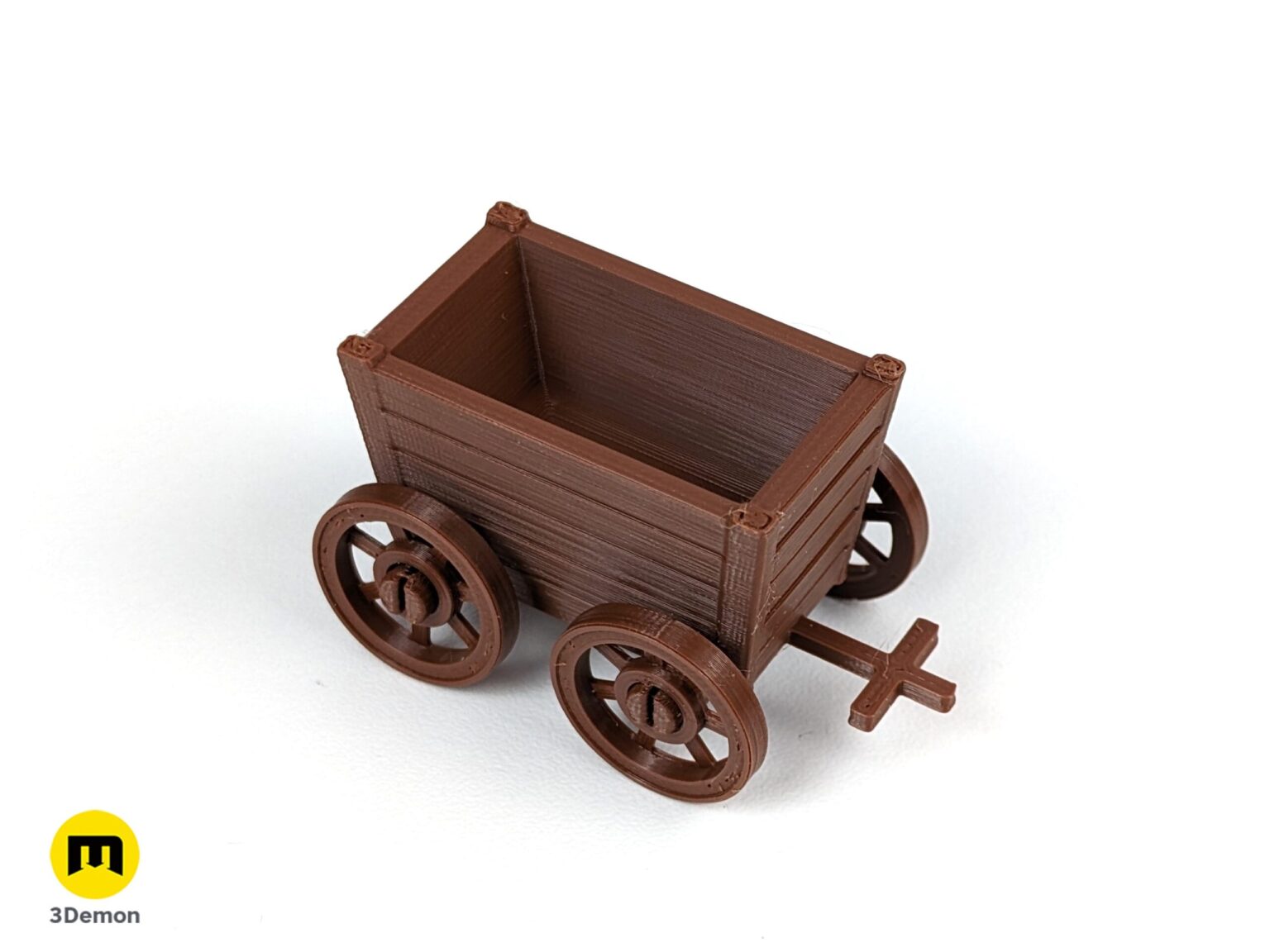 Perspective lifestyle photo of an empty brown 3D printed resource cart on a white background for STL printing.
