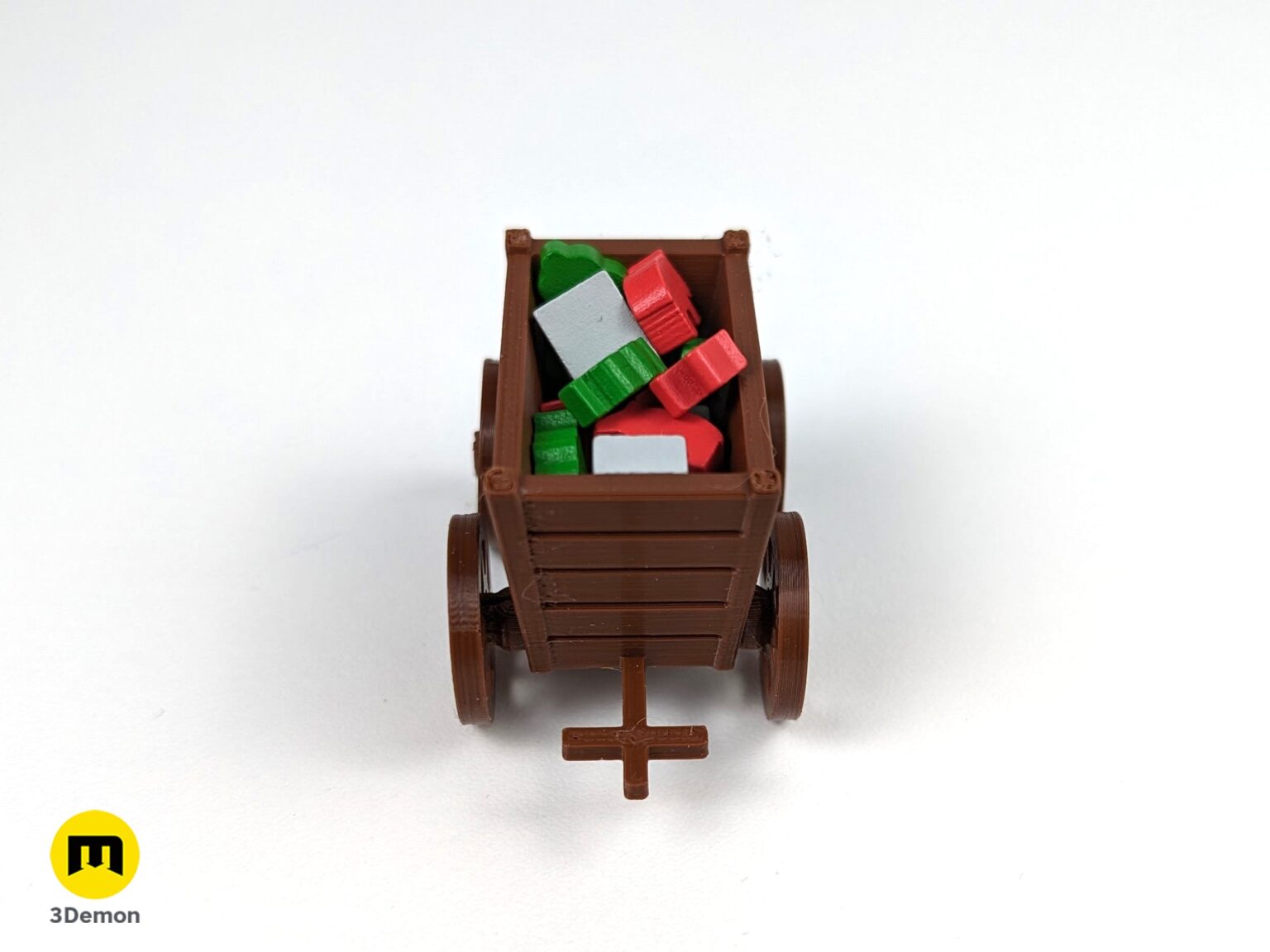 Rear view lifestyle photo of a brown 3D printed resource cart filled with colorful board game tokens.