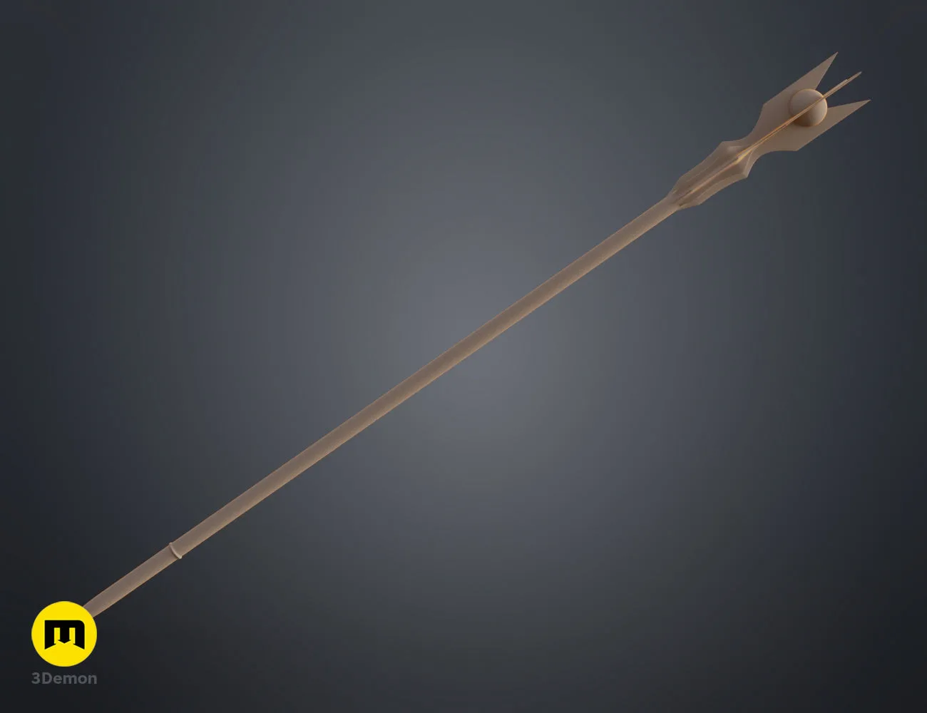 Side view clay render of the wizard staff head with sharp prongs and a sphere, 3D printable cosplay prop.