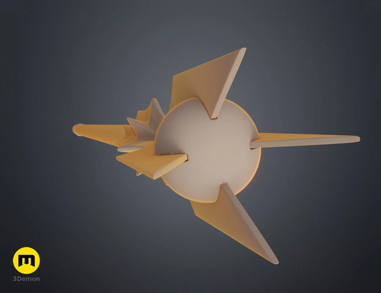 Perspective clay render of the wizard staff head with four prongs and a sphere, 3D printable cosplay prop.