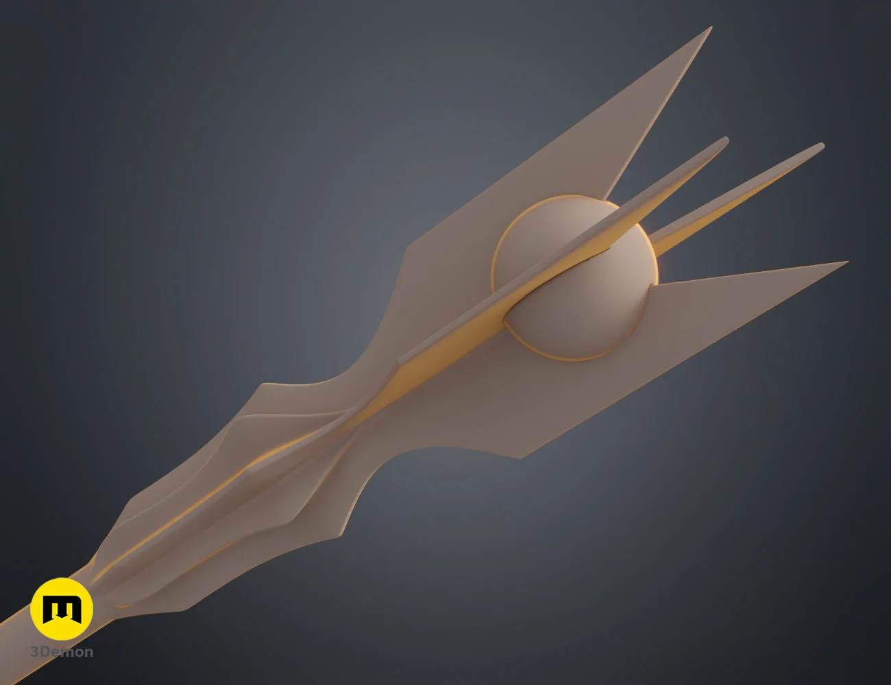 Close-up perspective clay render of the wizard staff head with a sphere, STL model for 3D printing.
