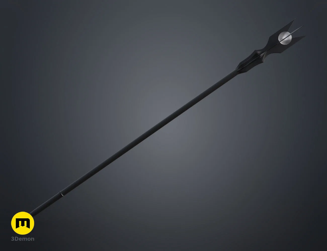 Perspective colored render of the black wizard staff with a white sphere, 3D printable STL.