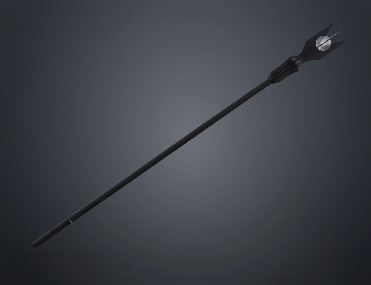 Colored render of a black wizard staff with a white orb at the top, cosplay prop.