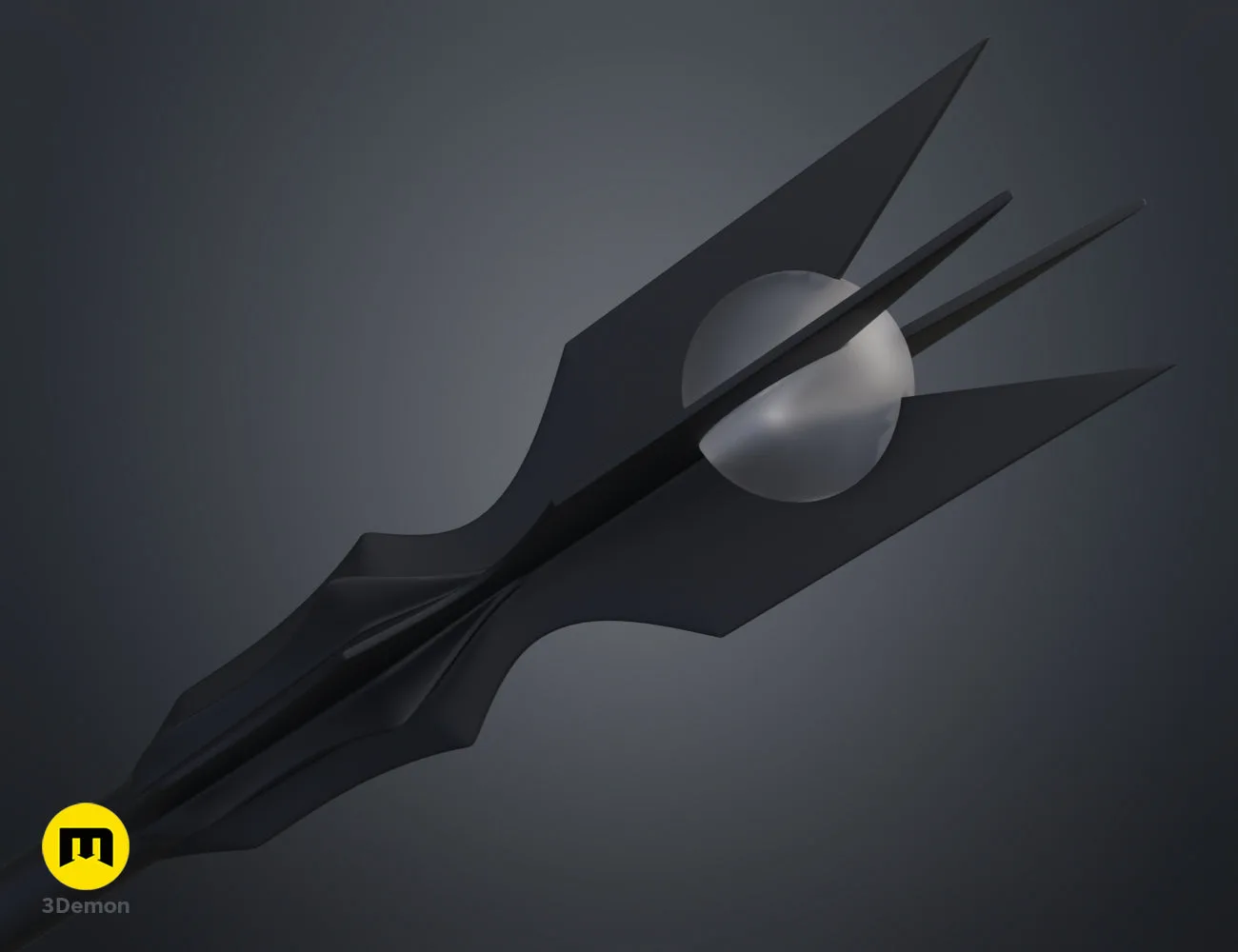 Bottom-up colored render of the wizard staff head showing the white orb and black prongs, cosplay prop.