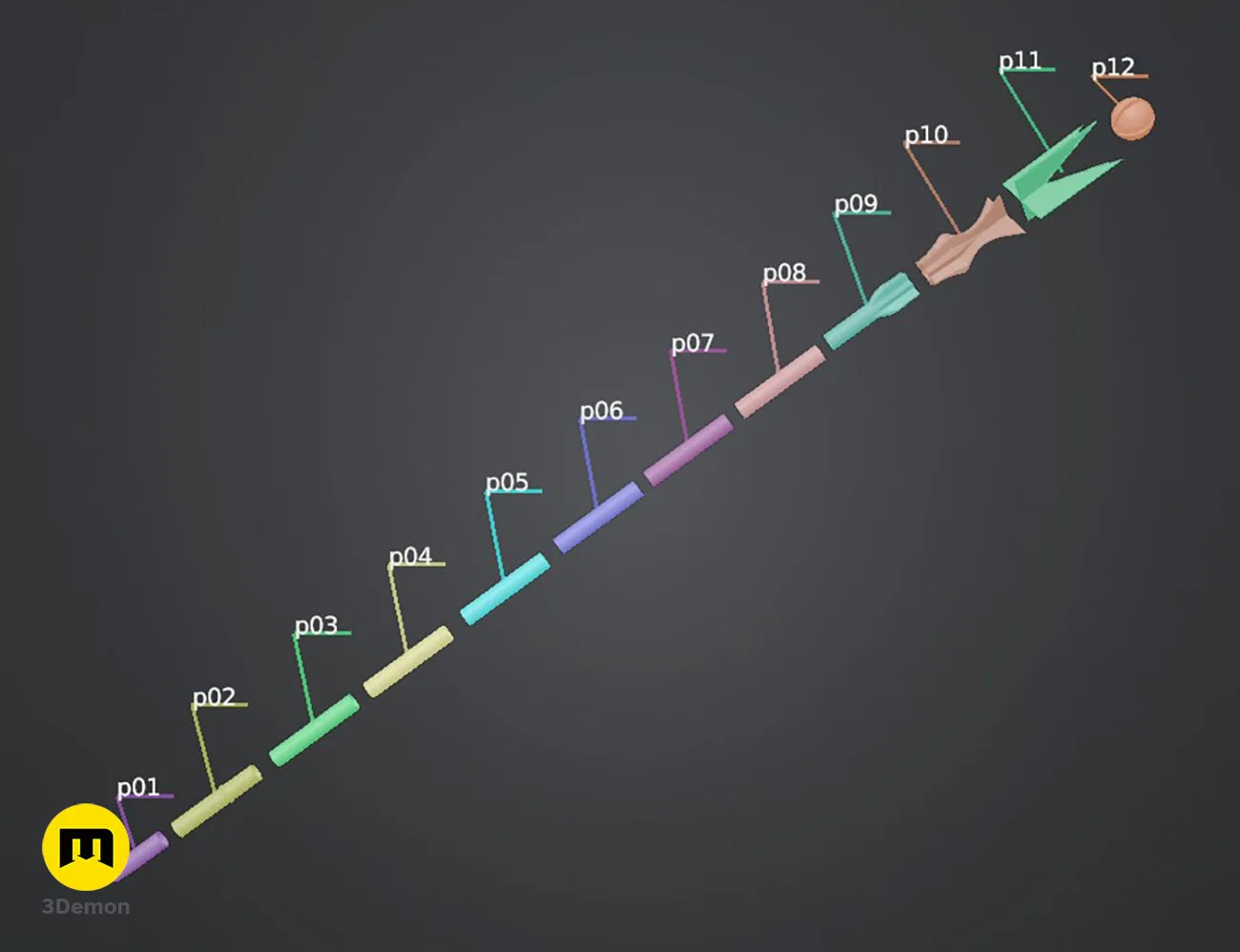 Assembly render with labeled color-coded 3D printable STL parts of the wizard staff components.