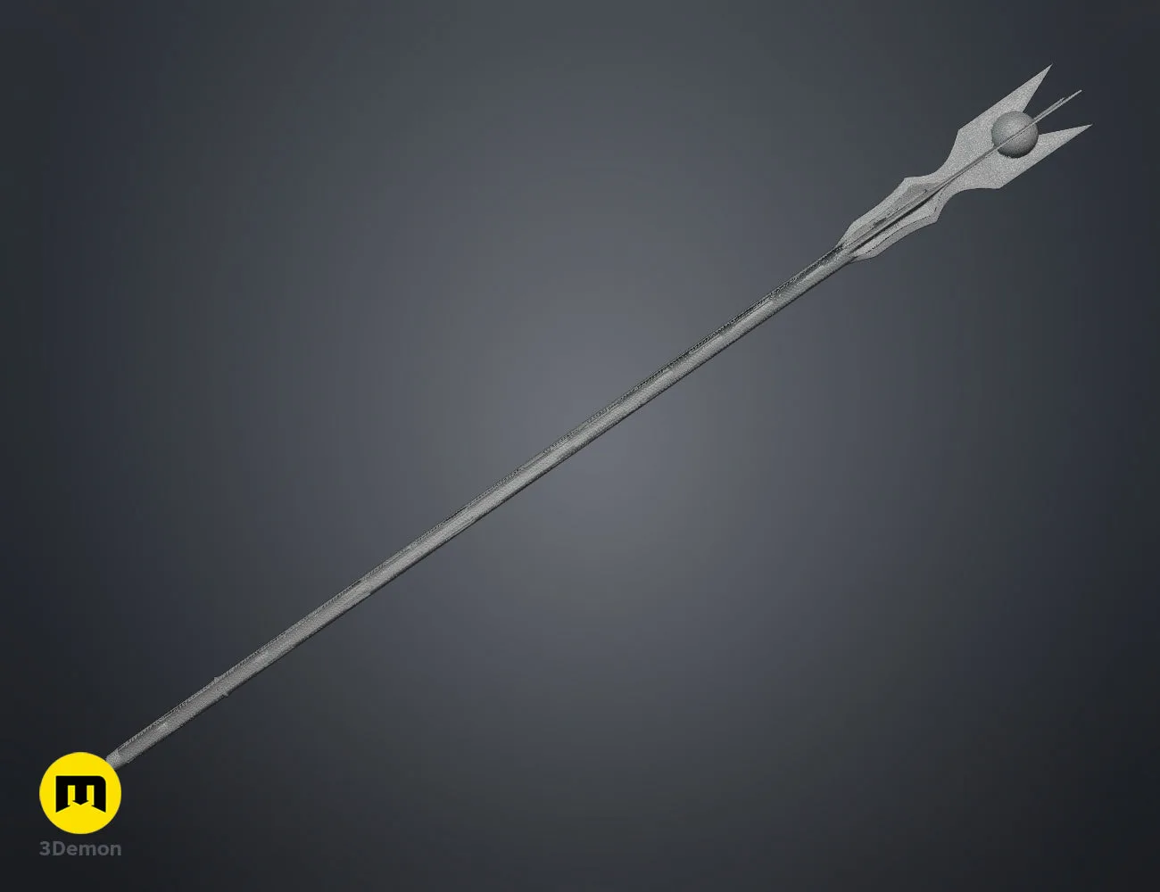 Wireframe mesh render showing the digital polygon topology of the wizard staff head for STL printing.