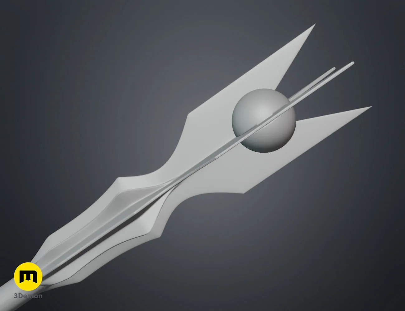 Close-up wireframe mesh render of the wizard staff sphere and prongs, highlighting 3D model geometry.