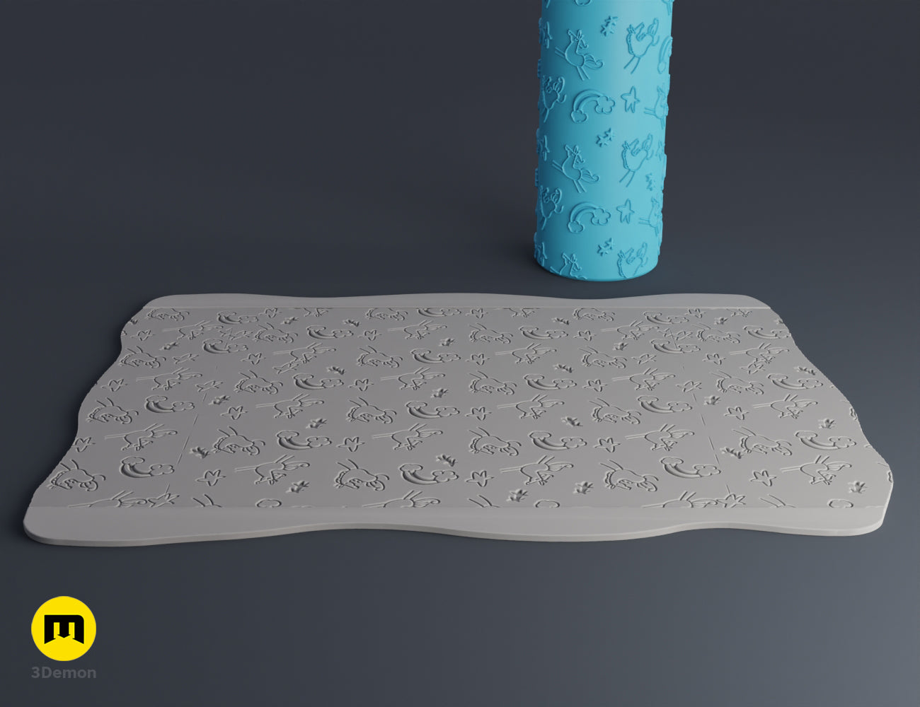 3D render of a light blue texture roller with balloon and cloud patterns next to an embossed grey clay sheet.
