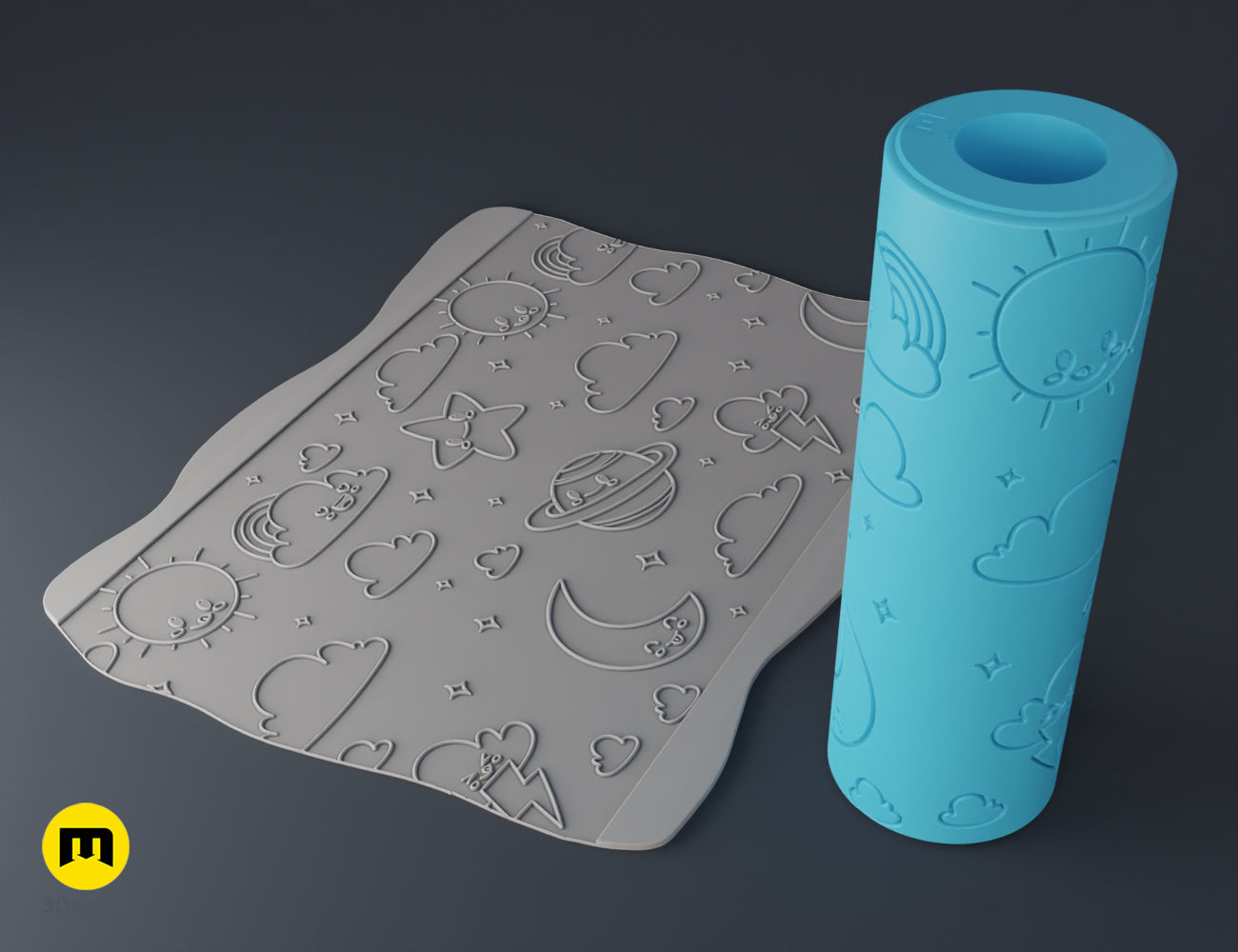 3D render of a light blue texture roller with toy patterns next to an embossed grey clay sheet.