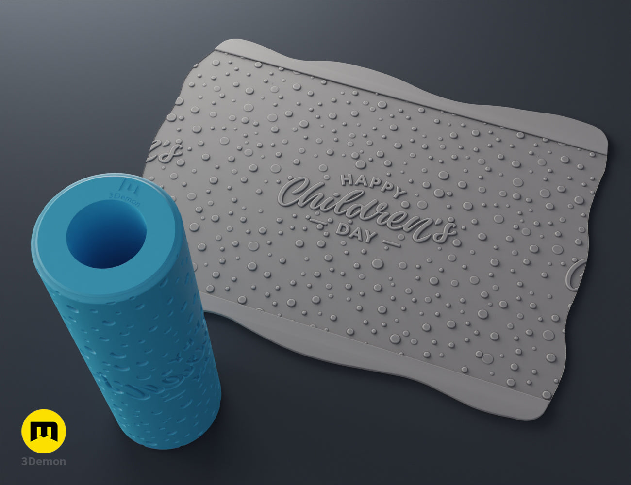 3D render of a light blue texture roller with star and moon patterns next to an embossed grey clay sheet.