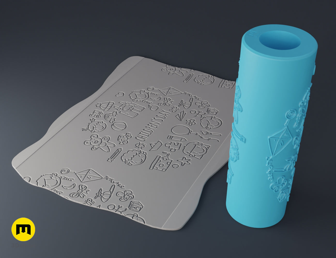 3D render of a light blue texture roller with children's smiley face icons next to an embossed clay sheet.