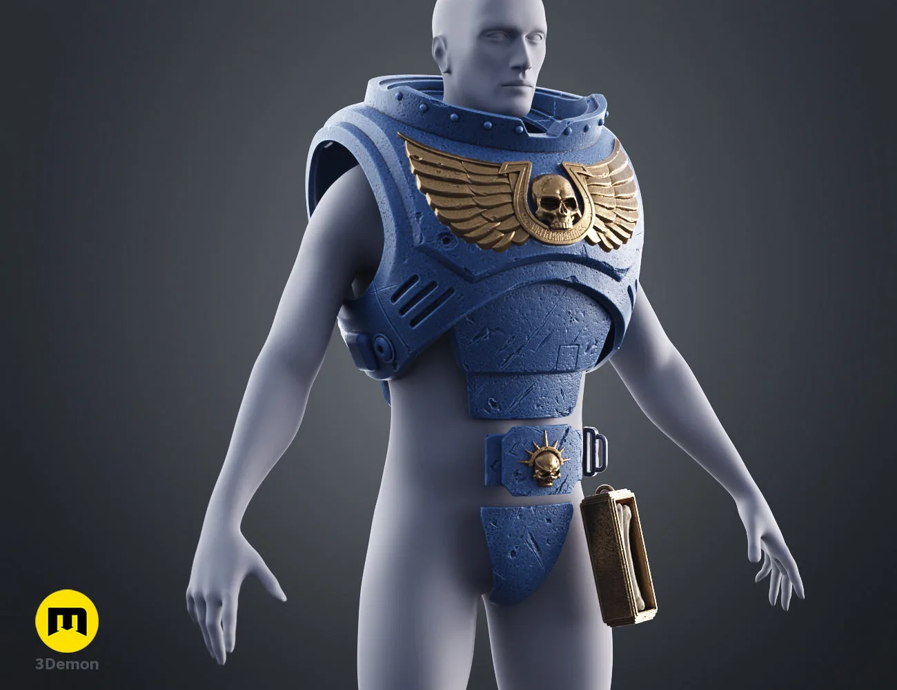 3D render of a blue Space Marine chest plate with a golden winged skull emblem on a dark background.