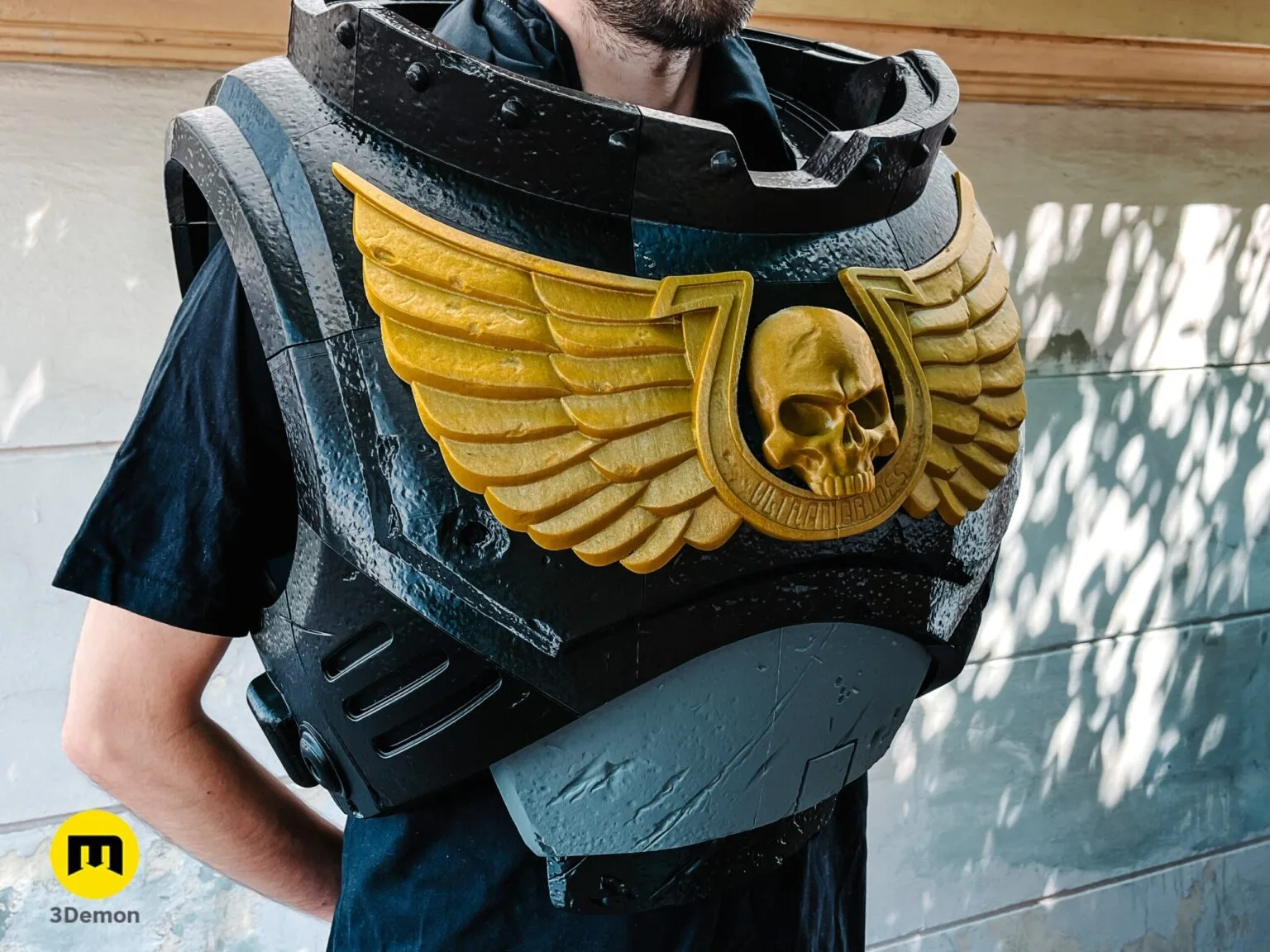 Front view of a person wearing black 3D printed Space Marine chest armor with a golden Aquila, standing outdoors.