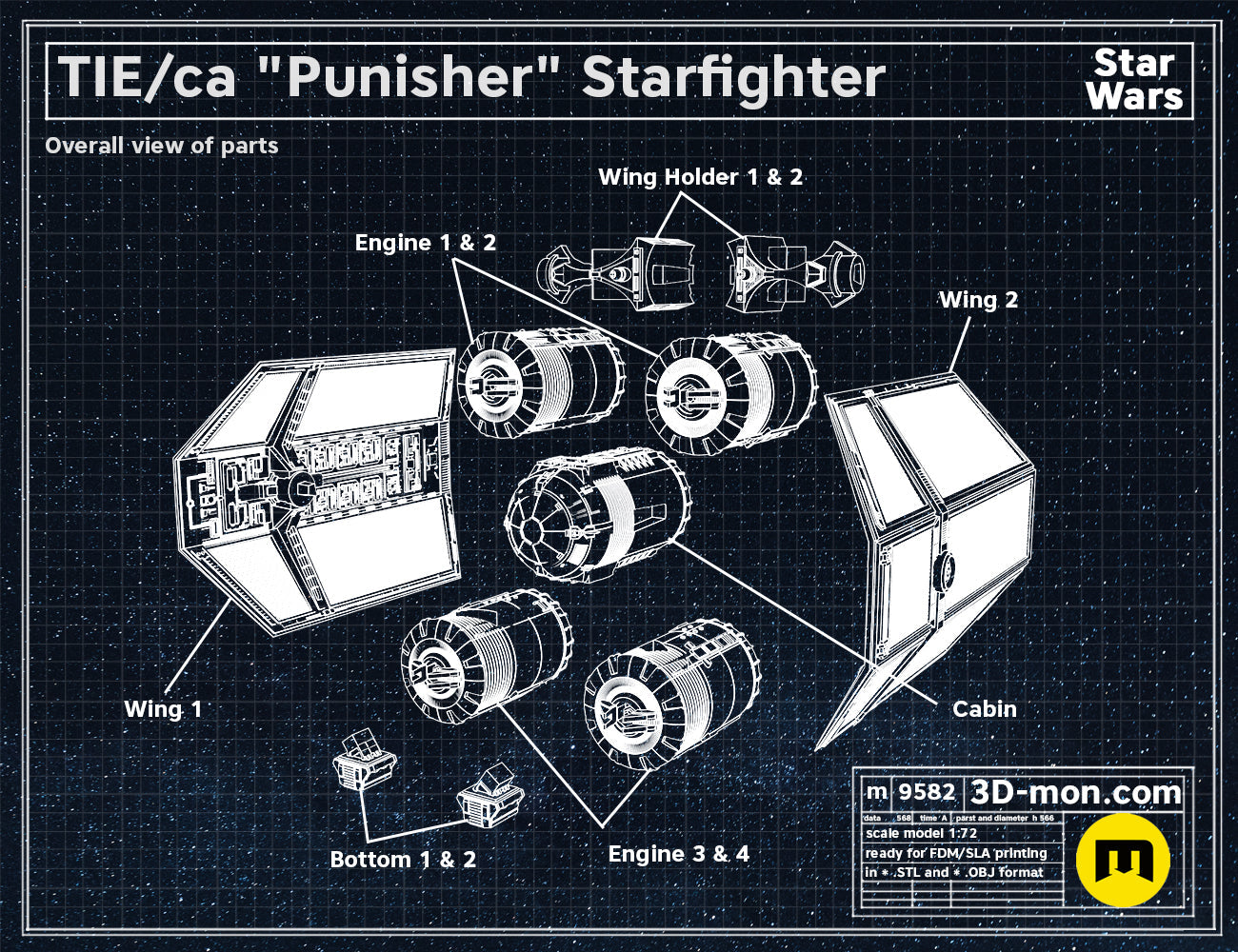 Top-down colored render of the TIE Punisher 3D model, highlighting the hull and engine layout for STL printing.