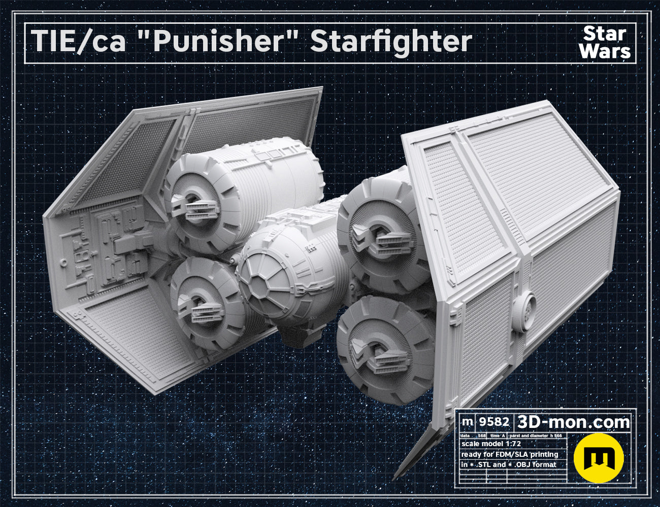 Rear view colored render of the Star Wars-inspired TIE Punisher 3D model, showing detailed engine exhaust ports.