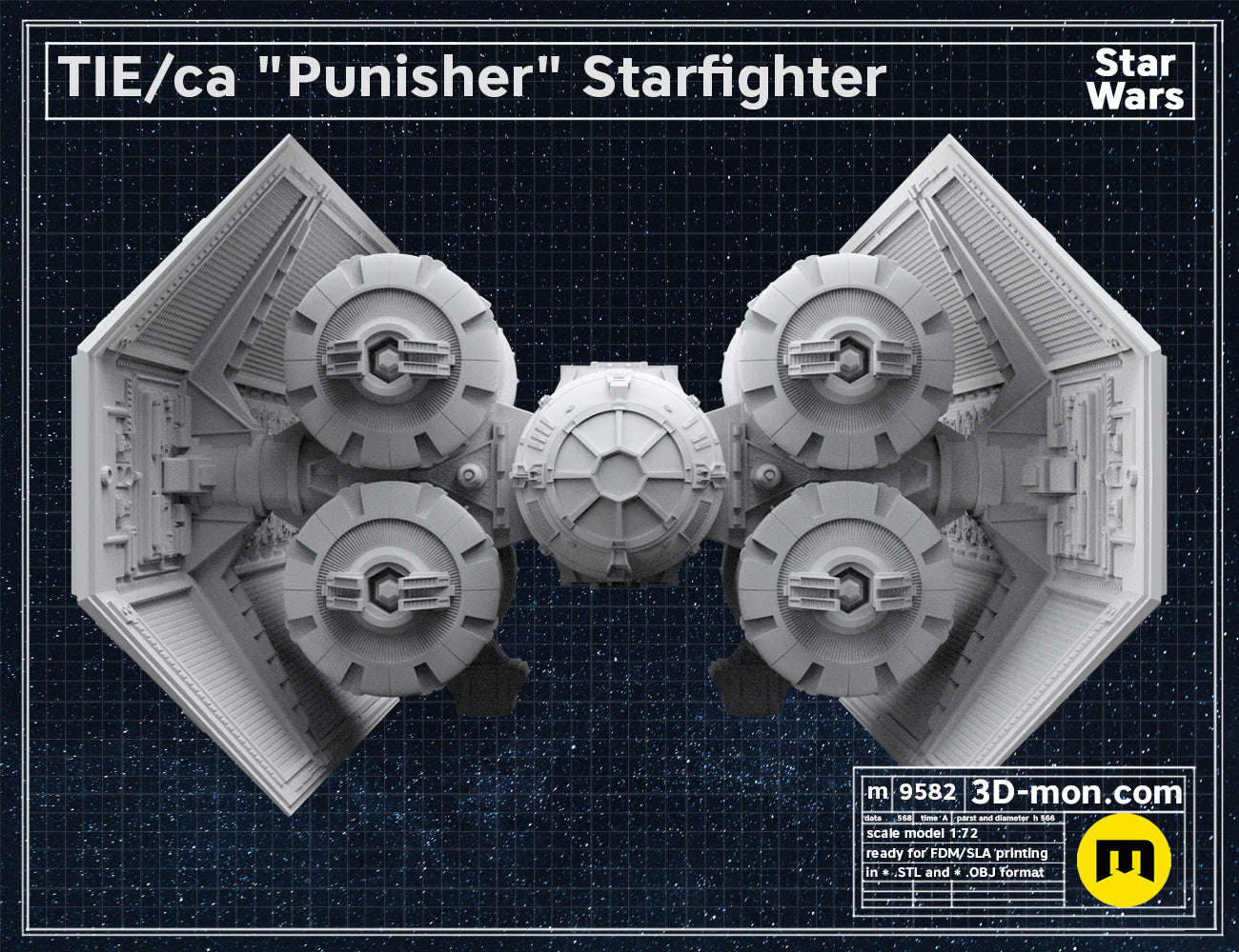 Side view colored render of the TIE Punisher 3D model, showcasing the large wing profile and hull details.