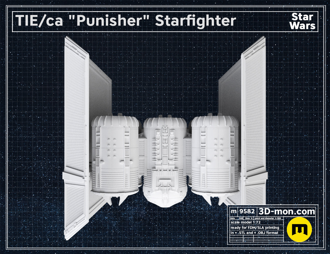 Perspective clay render of the TIE Punisher 3D model, highlighting the detailed sculpted hull and engine pods STL.