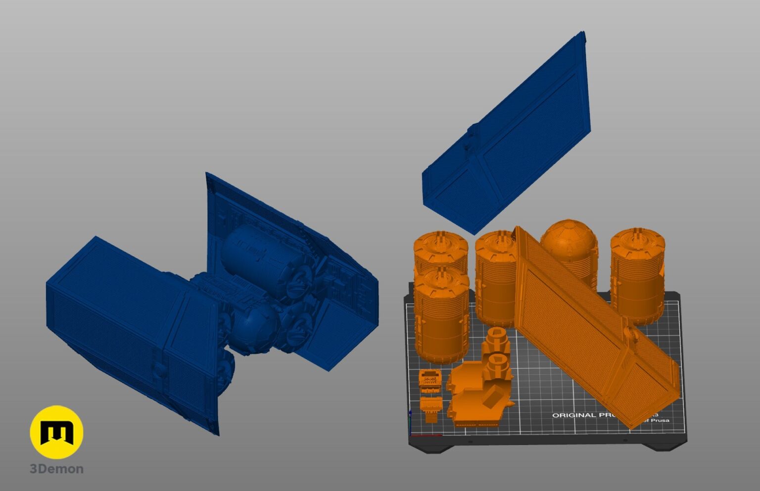 Slicer software screenshot showing TIE Punisher 3D model parts arranged on a print bed for STL printing.