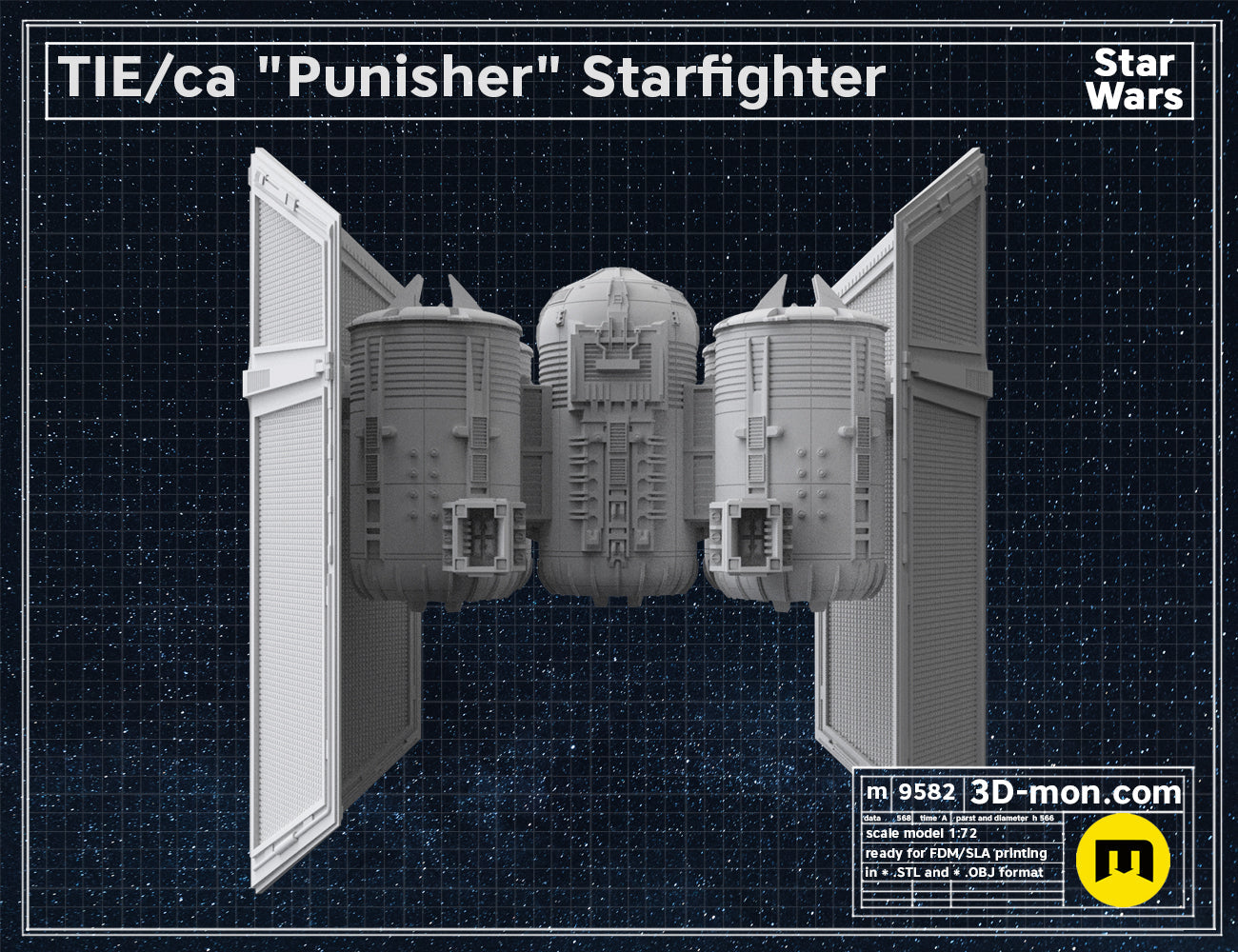 Front-right perspective clay render of the TIE Punisher 3D model on a technical blueprint background.