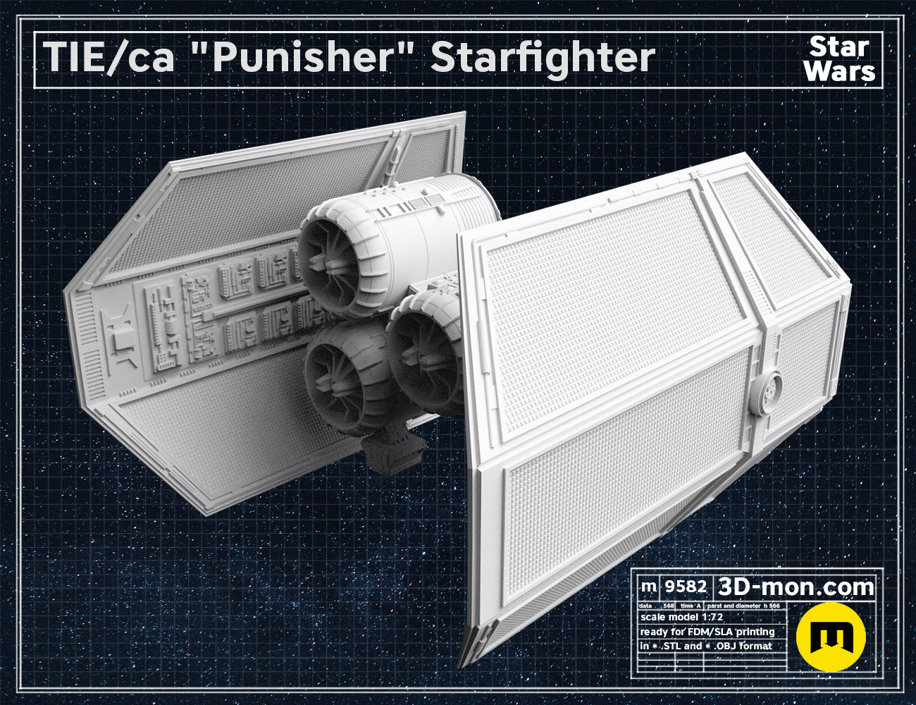 Side view clay render of the TIE Punisher 3D model, showcasing the detailed wing and engine pod sculpt.