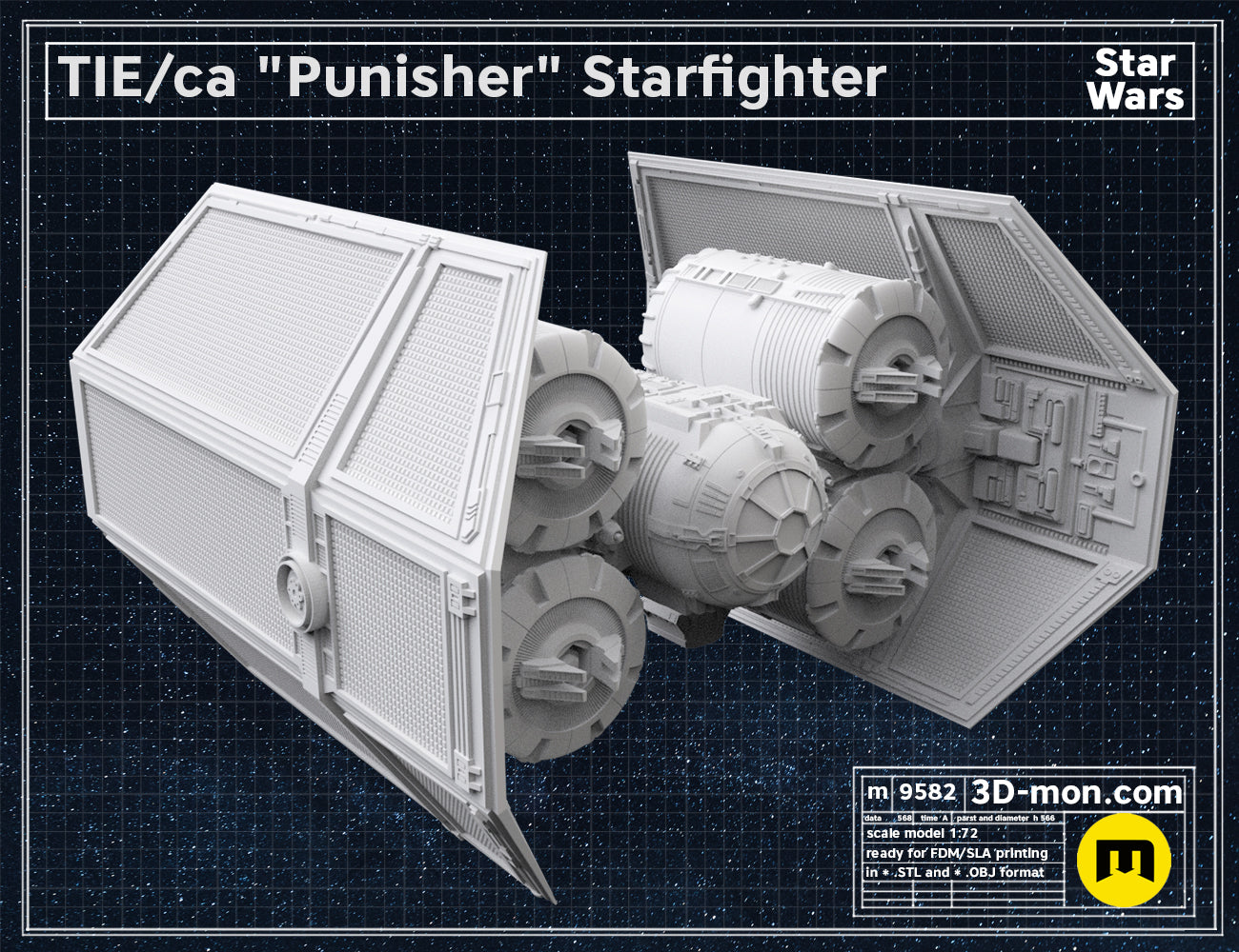 Rear perspective clay render of the TIE Punisher 3D model, showing the engine layout on a blueprint background.