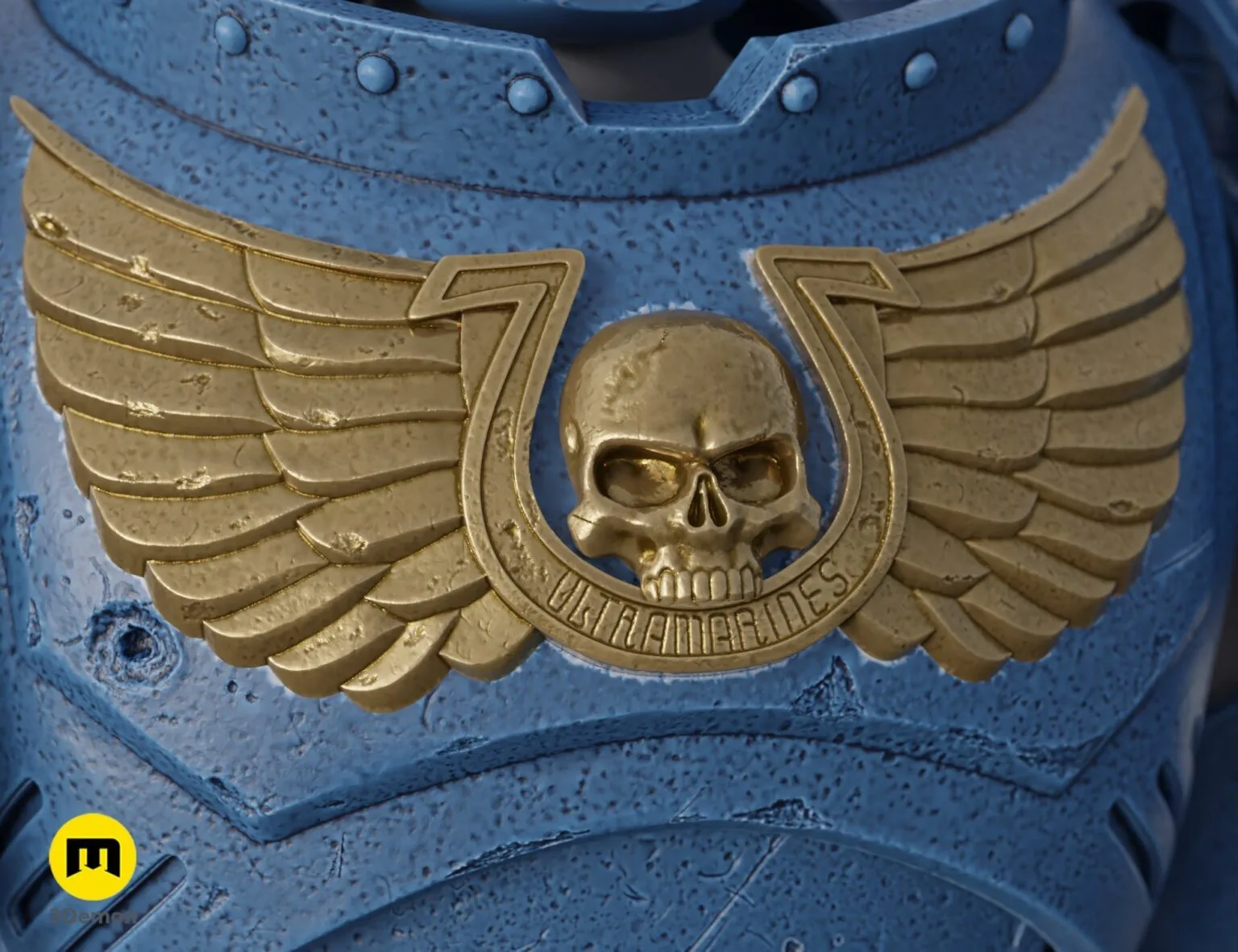 Two Prusa i3 MK3 3D printers printing golden-colored winged parts of a Space Marine chest emblem.