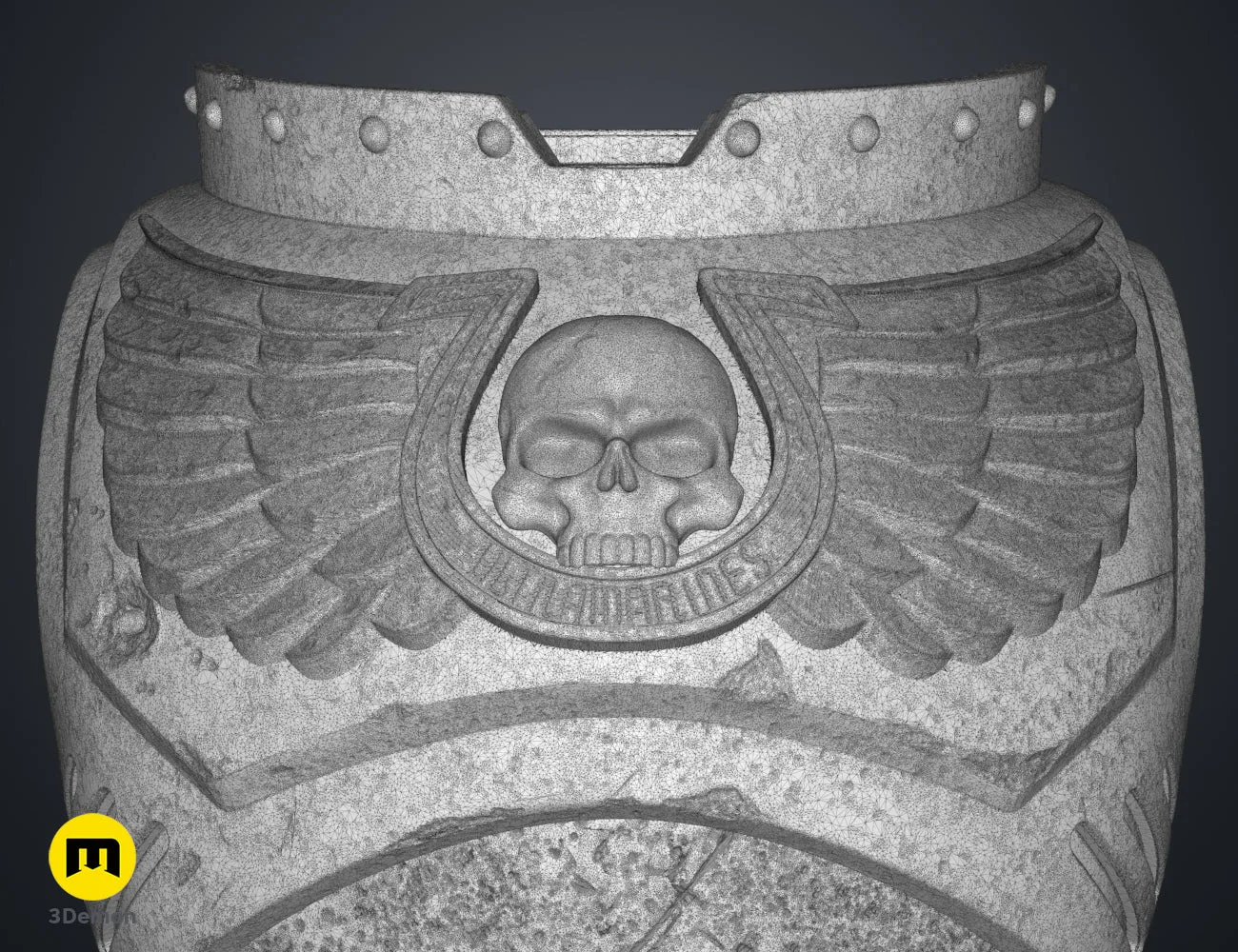 Grey 3D wireframe mesh of a Space Marine chest plate featuring a skull and winged emblem with Ultramarines text.