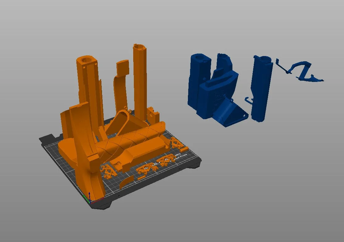 3D slicer preview of multiple components for the Caitlyn rifle replica arranged on a virtual 3D printer bed.