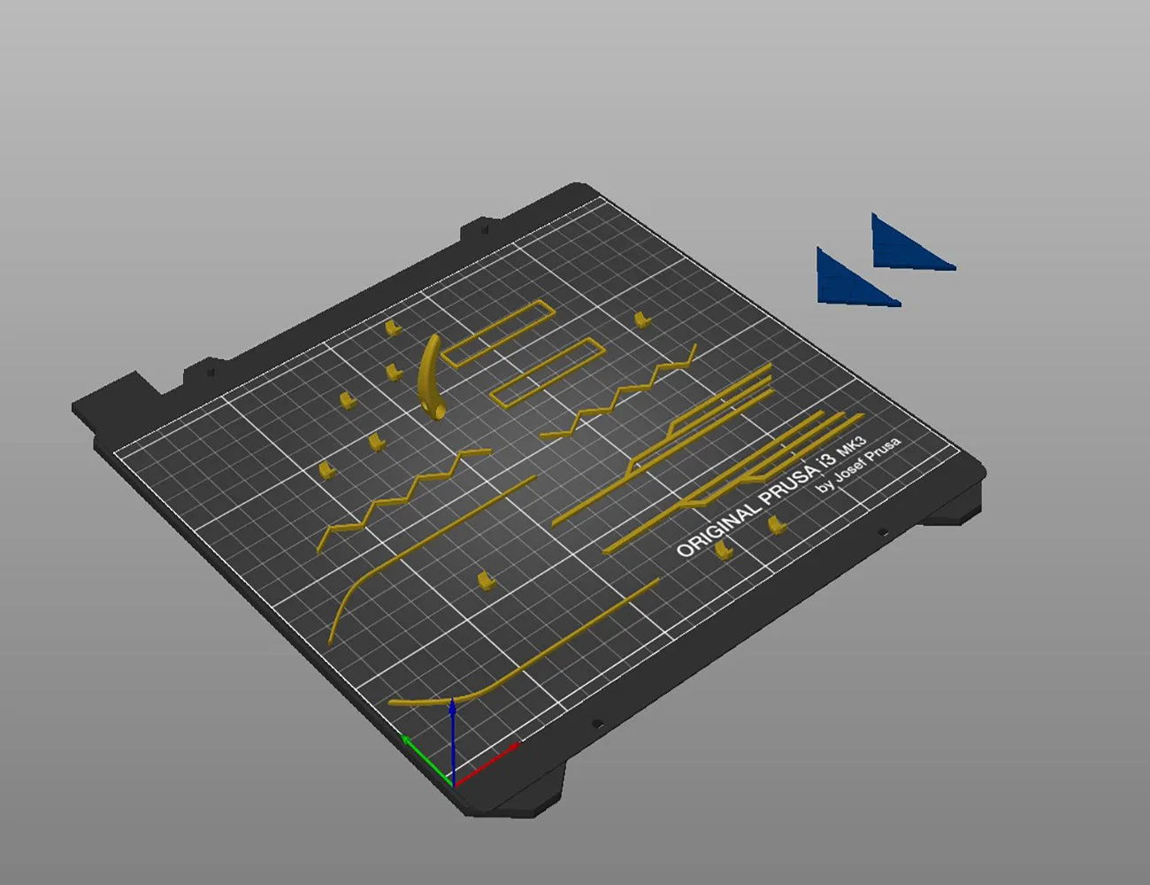 3D slicer software view showing long structural parts of the Caitlyn rifle model ready for 3D printing.