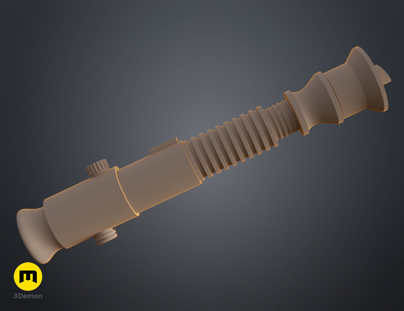 Detailed 3D render of the Aayla Secura lightsaber hilt, focusing on the emitter and upper grip.