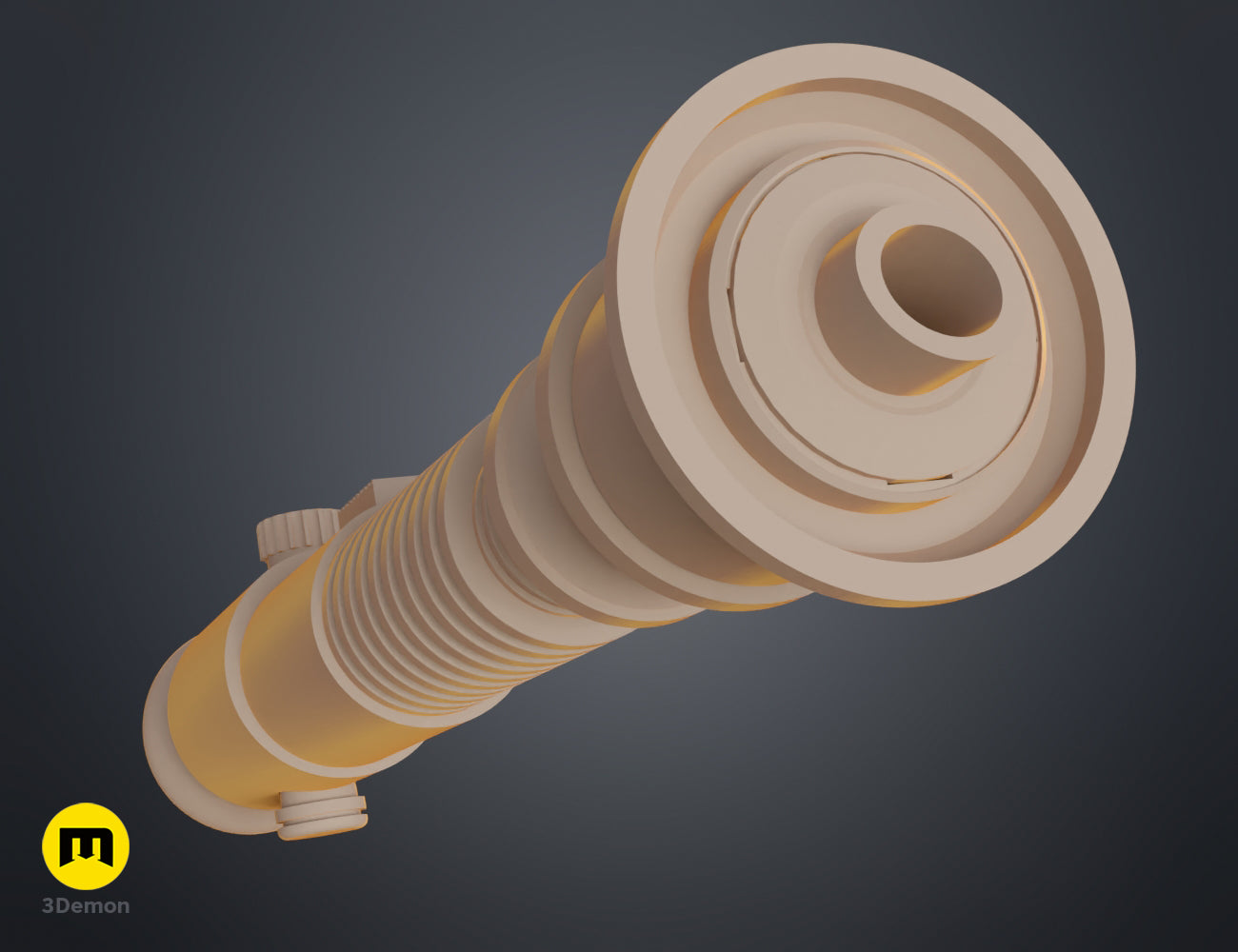 3D render of the Aayla Secura lightsaber hilt in a solid grey color, focusing on the emitter end.